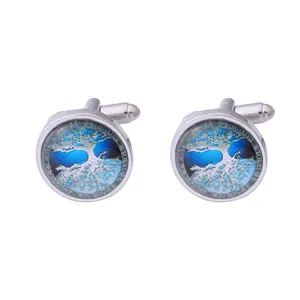 Silver Celtic Tree of Life cufflinks with blue and white glass gemstone inlay for men