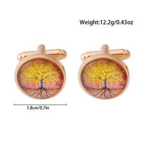 Rose gold Tree of Life cufflinks for men featuring yellow leaves and round metal design