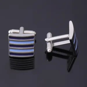 Silver striped cufflinks with blue enamel for men's shirts and professional business wear