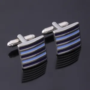 Elegant men's silver square cufflinks with blue and purple striped enamel inlay