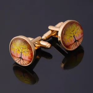Vintage Alloy Glass Tree Of Life Round Cufflinks For Men Gold Tone Business Wedding Shirt Accessories Artistic Jewelry Gift