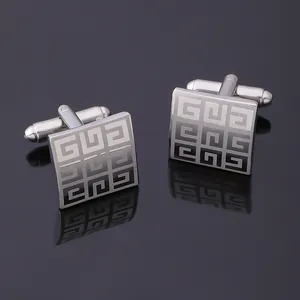 Men's Business Square Alloy Cufflinks Silver Polished Grid Meander Pattern Cuff Links For French Shirt Wedding Party Jewelry