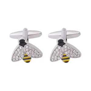 Boutons de manchette abeille exquis avec ailes en cristal et émail jaune-noir sur blanc