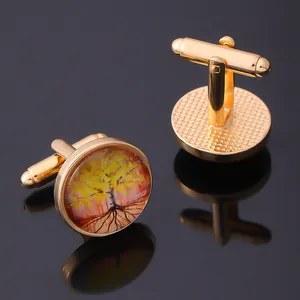 Golden Tree of Life cufflinks for men featuring artistic colorful glass inlay and T-back