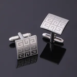 Polished square silver cufflinks for men with laser-cut geometric G maze pattern