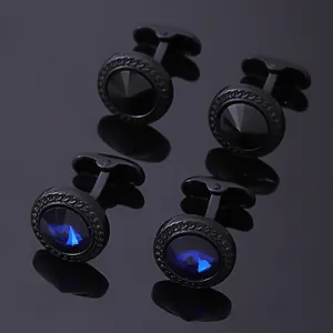 Boutons de manchette ronds noirs polis avec cristaux bleus et noirs, lot de quatre