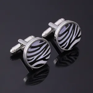 Men French Shirt Alloy Cufflinks Zebra Print Round Silver Base Black White Enamel Cuff Links Formal Business Gift Jewelry