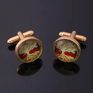 Rose gold Celtic Tree of Life cufflinks with round glass dome and bronze artistic background