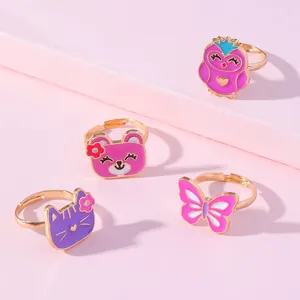 Bague Ajustable Ouverte Enfant Mignonne Alliage Coloré Émail Licorne Papillon Cœur Arc-en-Ciel Dessin Animé Bijoux Cadeau pour Filles