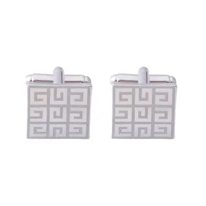 Polished silver square cufflinks with geometric spiral pattern and bullet back closures