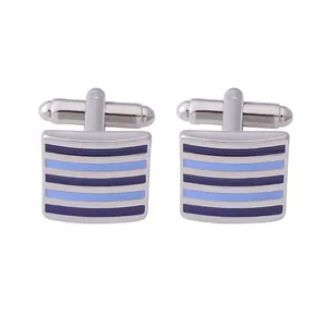 Classic silver-tone striped rectangular cufflinks with blue enamel for men's formal wear