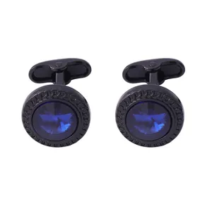 Boutons de manchette ronds plaqués gunmetal avec cristal bleu et bordure chaîne
