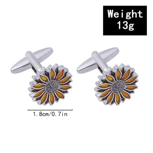 Detail showing high-quality enamel sunflower cufflinks with a diameter of 1.8cm and 13g weight