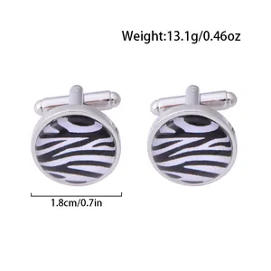 Classic silver alloy round cufflinks for men featuring black and white zebra pattern