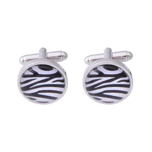 Classic round zebra pattern cufflinks in silver finish with polished glass surface