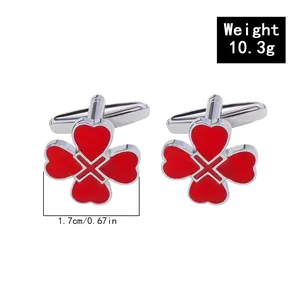 Detailed view of red enamel clover cufflinks showing 1.7cm size and 10.3g weight