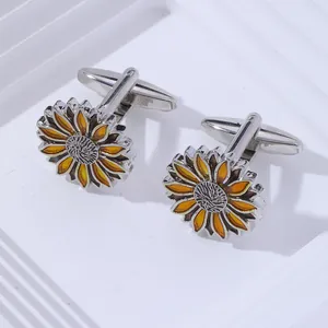 Sunflower cufflinks with yellow enamel and silver metal base for dress shirts