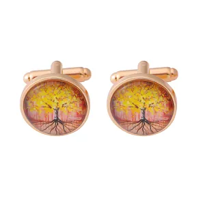 Elegant Tree of Life cufflinks in rose gold with autumn glass dome and bullet back closure
