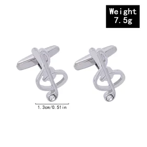 Boutons de manchette clé de sol argentée pour hommes avec cristal et largeur de 1,3 cm