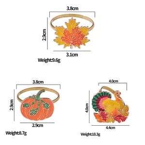 Detailed dimensions of maple leaf, pumpkin, and turkey enamel napkin rings