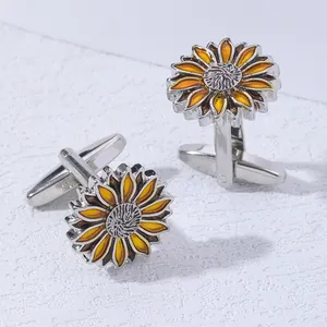 Silver sunflower cufflinks with yellow enamel petals and vintage textured center design