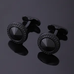 Boutons de manchette ronds noirs pour hommes avec pierre précieuse et bordure ciselée