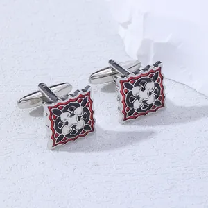 Classic silver-plated square cufflinks with red and black geometric enamel pattern
