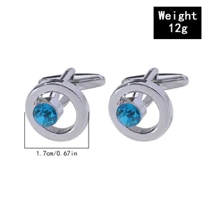 Detail showing 1.7cm round blue crystal cufflinks in silver metal weighing 12g per pair