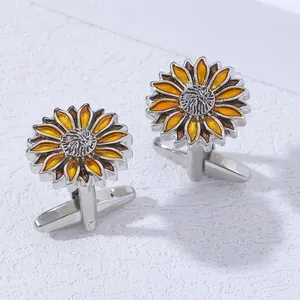 Elegant silver sunflower cufflinks with yellow enamel petals for men's dress shirts