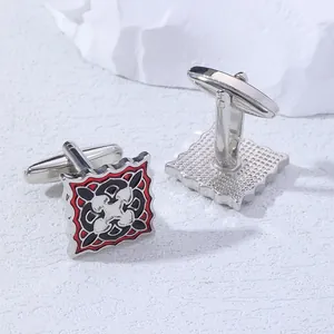 Square vintage silver cufflinks with red black pattern and stylish wavy border