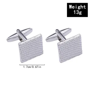 Detail view of silver square cufflinks with grid texture and 13g weight specifications