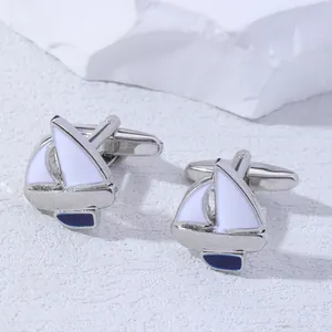 Polished silver-tone sailboat cufflinks with blue and white enamel for French shirts