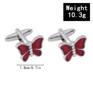 Detail view of red enamel butterfly cufflinks with crystal inlay and 1.8cm width