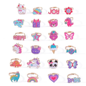 Lot de 24 bagues réglables colorées pour enfants avec licornes et motifs animaux émaillés