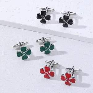 Men French Shirt Cufflinks Alloy Enamel Heart Four Leaf Clover Design Fashion Business Wedding Apparel Accessories Jewelry
