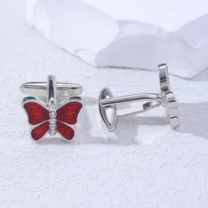 Elegant red butterfly cufflinks for men with silver finish and sparkling crystal accents