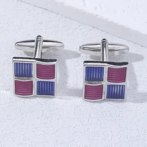 Boutons de manchette carrés en métal à damier bleu et violet pour costume homme