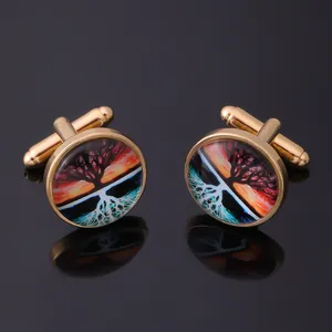 Boutons de manchette dorés Arbre de Vie avec dôme en verre et motif artistique