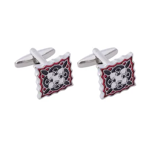 Elegant men's square cufflinks with red and black enamel patterns and wavy silver edges
