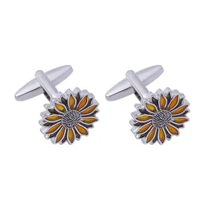 Polished silver sunflower cufflinks with yellow enamel petals and T-shaped fasteners