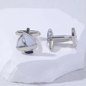 Silver sailboat cufflinks with white and navy blue enamel for formal men's shirts