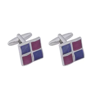 Boutons de manchette carrés pour hommes avec motif à carreaux bleu et violet en métal