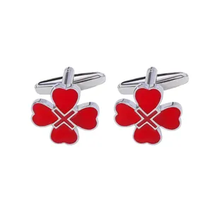 French style red four-leaf clover cufflinks for men with polished silver finish