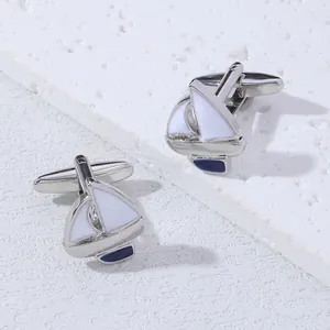 Silver sailing boat cufflinks with white and blue enamel detail for French shirts