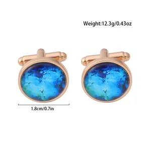 Detailed view of rose gold cufflinks featuring blue starry night glass gems and measurements