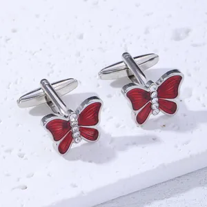 French Men's Alloy Red Enamel Butterfly Cufflinks With Rhinestone Accents Silver Color Wedding Business Shirt Accessory Cuff Links