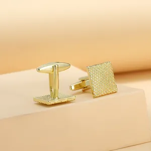 Business men's golden square cufflinks with woven texture and classic T-bar closure