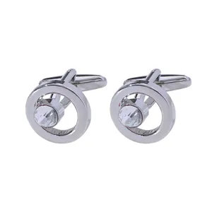 Elegant silver round cufflinks with clear crystal diamond center for formal business suits