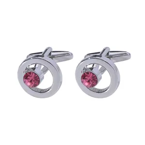 Elegant silver round cufflinks with pink crystal inlay and T-bar closure for dress shirts