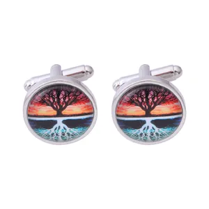 Boutons de manchette arbre de vie argentés avec cabochon en verre coloré homme